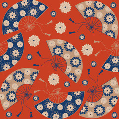 Japanese seamless pattern. Japanese floral background with Japanese fan. Vector illustration