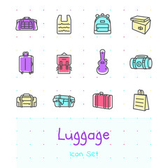 Luggage outline icon set of 12 color modern stylish icons. Dark line version. EPS 10.
