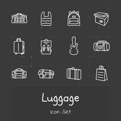 Luggage outline icon set of 12 white line modern stylish icons. On dark background version. EPS 10.