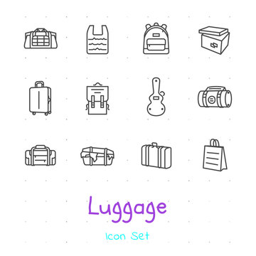 Luggage outline icon set of 12 thin modern stylish icons. Dark line version. EPS 10.