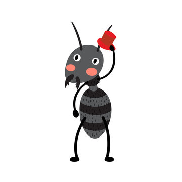 A black ant with red hat cartoon character. Isolated on white background. Vector illustration.