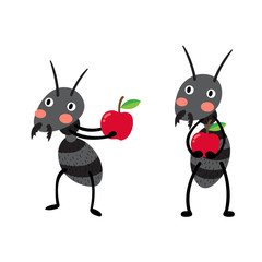 Black ants with red apples cartoon character. Isolated on white background. Vector illustration.