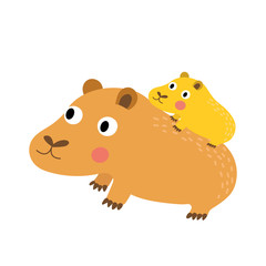 Capybara mother and child animal cartoon character. Isolated on white background. Vector illustration.