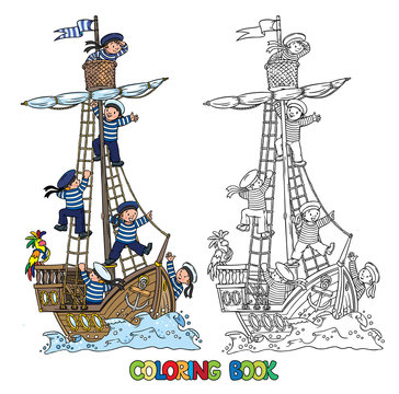 Coloring Book with ship and happy sailors