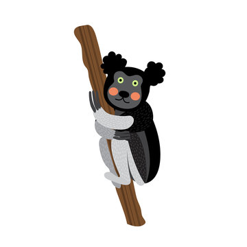 Cute Indri climbing a tree animal cartoon character. Isolated on white background. Vector illustration.