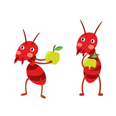 Fire ants with green apples cartoon character. Isolated on white background. Vector illustration.