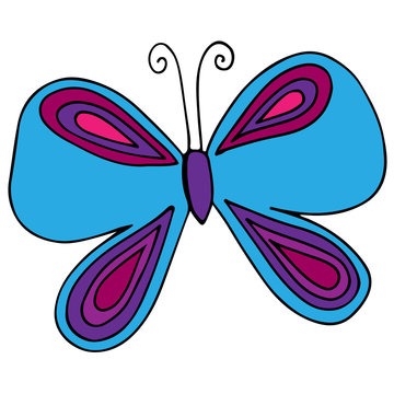 Isolated blue butterfly for tattoo, coloring book for adult and