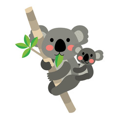 Koala bear and baby koala climbing tree animal cartoon character. Isolated on white background. Vector illustration. © natchapohn