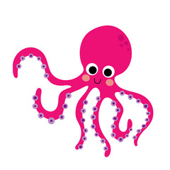 Magenta Octopus animal cartoon character. Isolated on white background. Vector illustration.