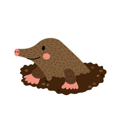 Mole Digging Out of the Dirt animal cartoon character. Isolated on white background. Vector illustration.