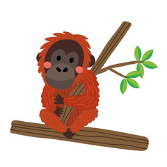 Orangutan sitting on branch with leaves animal cartoon character. Isolated on white background. Vector illustration. © natchapohn