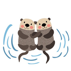 Otter couple holding hands animal cartoon character. Isolated on white background. Vector illustration.