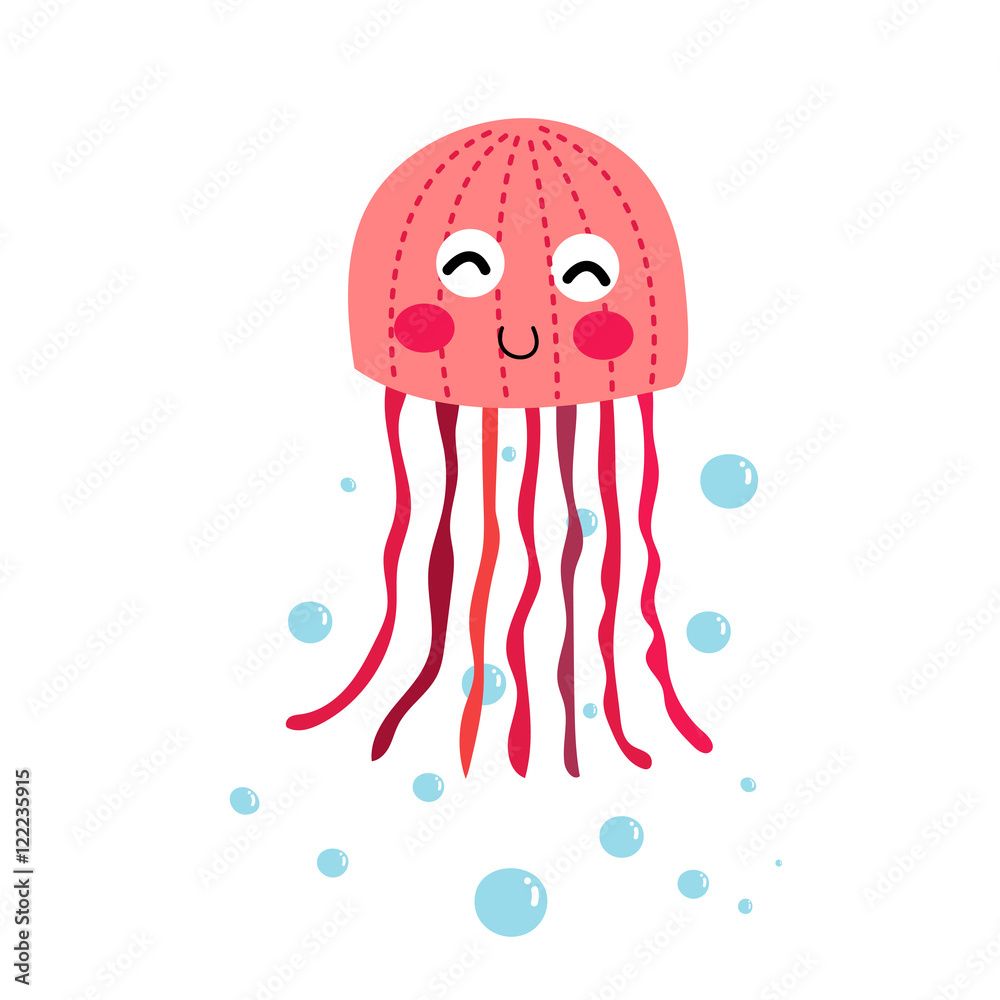 Wall mural pink jellyfish animal cartoon character. isolated on white background. vector illustration.