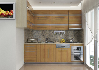 3D render of the building interior, kitchen with furniture