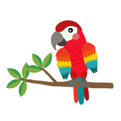 Red Parrot bird perching on the branch animal cartoon character. Isolated on white background. Vector illustration.