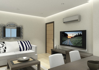 3D render of the building interior, living room with furniture