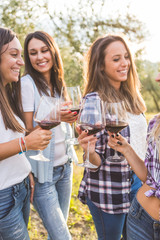 Smiling Girls Toasting with Red Wine Outdoors