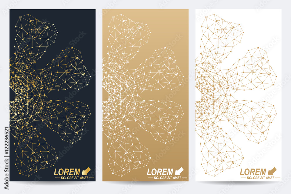Poster Modern set of vector flyers. Geometric abstract presentation with golden mandala. Molecule and communication background for medicine, science, technology, chemistry.
