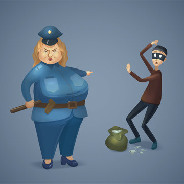Strict policewoman catching a thief. Big cop woman and scared robber with stolen money. Cartoon charters. Vector illustration