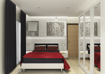 3D render of the building interior, bedroom with furniture