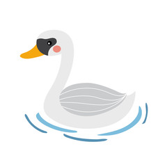 Swan on blue lake water animal cartoon character. Isolated on white background. Vector illustration.