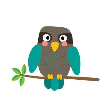 Turquoise Owl bird perched on the branch with leaves animal cartoon character. Isolated on white background. Vector illustration.