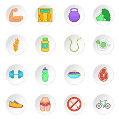 Healthy lifestyle icons set in cartoon style. Fitness set collection vector illustration