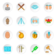 Crime icons set in cartoon style. Crime and punishment elements set collection vector illustration