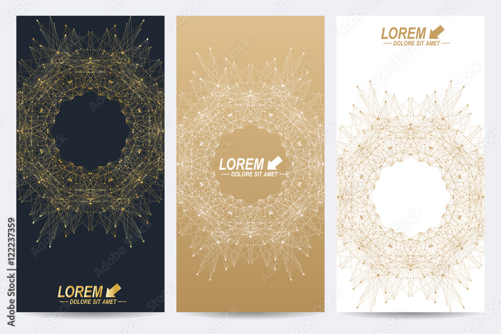 Poster Modern set of vector flyers. Geometric abstract presentation with golden mandala. Molecule and communication background for medicine, science, technology, chemistry.