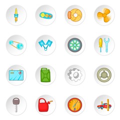 Car maintenance icons set in cartoon style. Auto spare parts set collection vector illustration