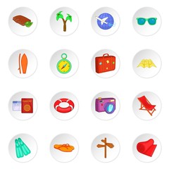 Travel icons set in cartoon style. Tourism elements set collection vector illustration