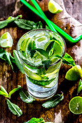 Glass of alcohol cocktail or lemonade. Mohito cocktail with lemon, lime, mint, ise cubes. Cold drink. Fresh lime and mint on wooden background