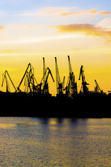 Obraz premium Silhouette of a crane. Cranes at the port. Silhouette of harbor at sunset. Sea port. Sunset at the port.
