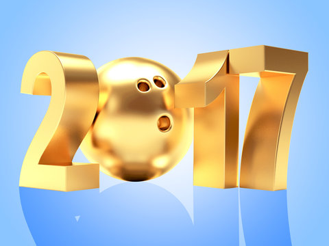2017 New Year and golden bowling ball on blue bacground. 3D illustration