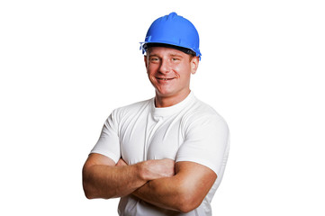 Portriat of man with helmet, worker white shirt. Crossed arms.