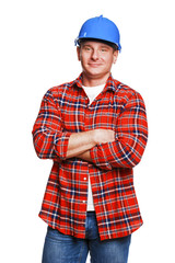 Worker in blue helmet.