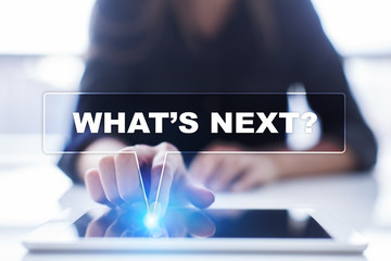 Woman is using tablet pc, pressing on virtual screen and selecting "What's next?".