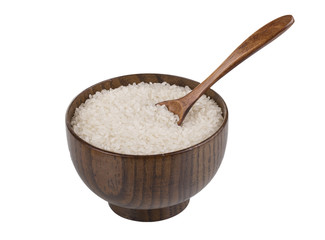 Rice in wooden bowl on the table for food background