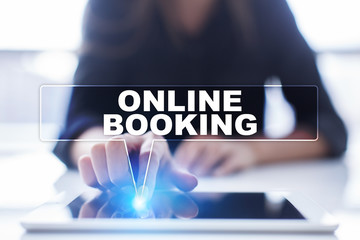 Woman is using tablet pc, pressing on virtual screen and selecting 