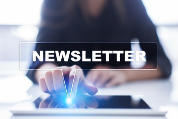 Woman is using tablet pc, pressing on virtual screen and selecting "Newsletter".