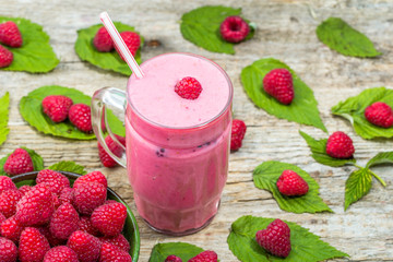 Blended smoothie, raspberry fresh fruits milkshake in a glass ja