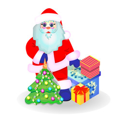 Santa Claus with gifts and a Christmas tree