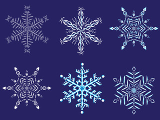 Fototapeta na wymiar Set of white snowflakes on a blue background 