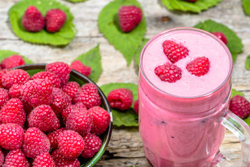 Healthy yogurt cocktail with berries, fruity smoothie, raspberry cocktail