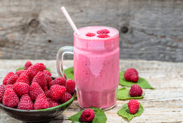 Smoothie yogurt with raspberries, fruit dessert