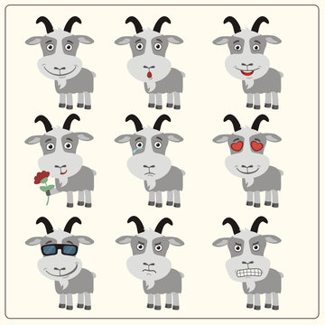 Vector set isolated emotion goat. Collection cute goat in cartoon style.