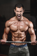 Fototapeta na wymiar Handsome muscular bodybuilder man doing exercises in gym 