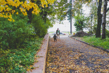 Мама и ребёнок мальчик играют осенью в парке в мячик