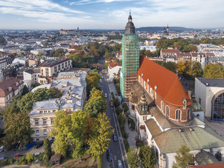 Fototapeta na wymiar Church in the center of Krakow, restored in scaffolding