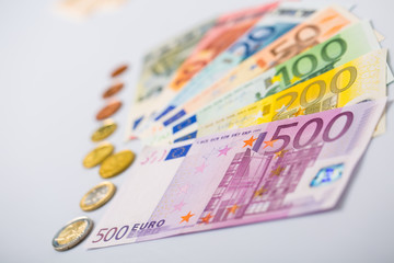 Closeup of banknotes and coins